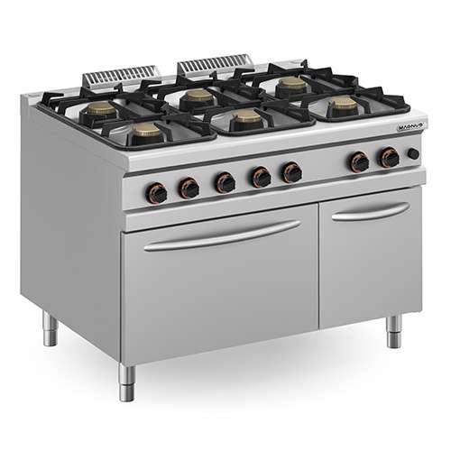 Fogão a gás com 6 queimadores + forno a gás + armário com porta - Hotelequip.pt Fogão a gás com 6 queimadores + forno a gás + armário com porta