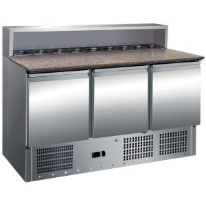 Mesa de preparação de saladas de 3 portas com tampo de trabalho em granito GN1/1