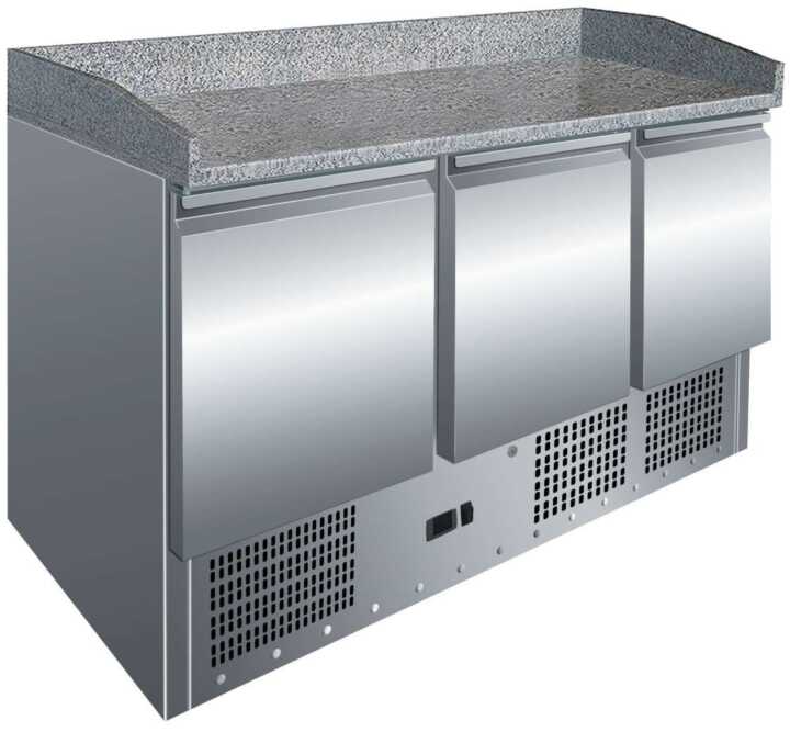 Mesa de preparação de pizzas de 3 portas com tampo de trabalho em granito GN1/1 - Hotelequip.pt Mesa de preparação de pizzas de 3 portas com tampo de trabalho em granito GN1/1