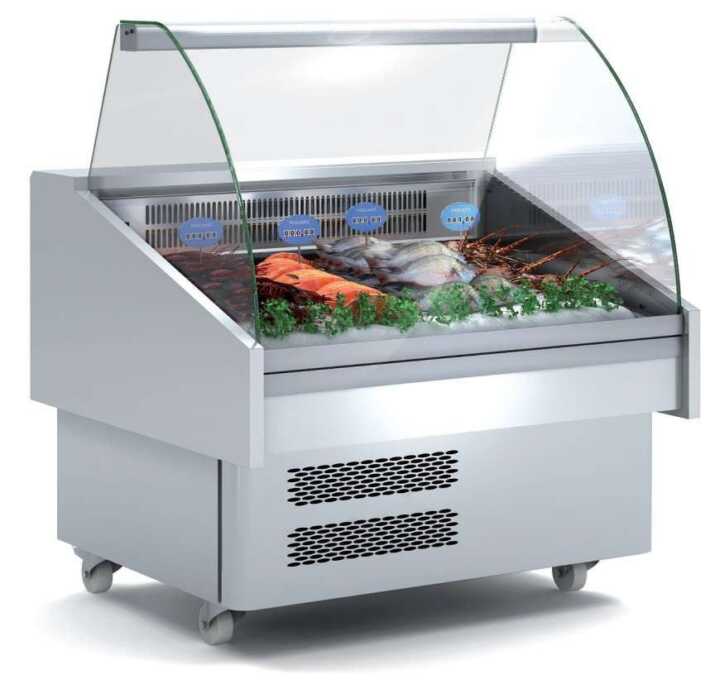 Expositor Refrigerado Peixe / Marisco Vidro Curvo Evaporador Estático Mais Placa Fria Dim Expositor Refrigerado Peixe / Marisco Vidro Curvo Evaporador Estático Mais Placa Fria Dim