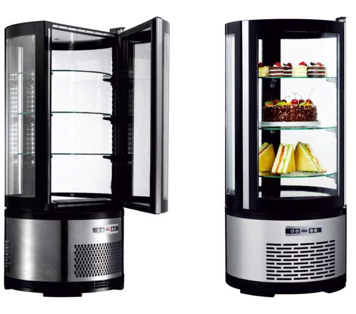 Expositor refrigerado redondo de 105 litros com 3 prateleiras de vidro 480X480X1030h mm - Hotelequip.pt Expositor refrigerado redondo de 105 litros com 3 prateleiras de vidro 480X480X1030h mm
