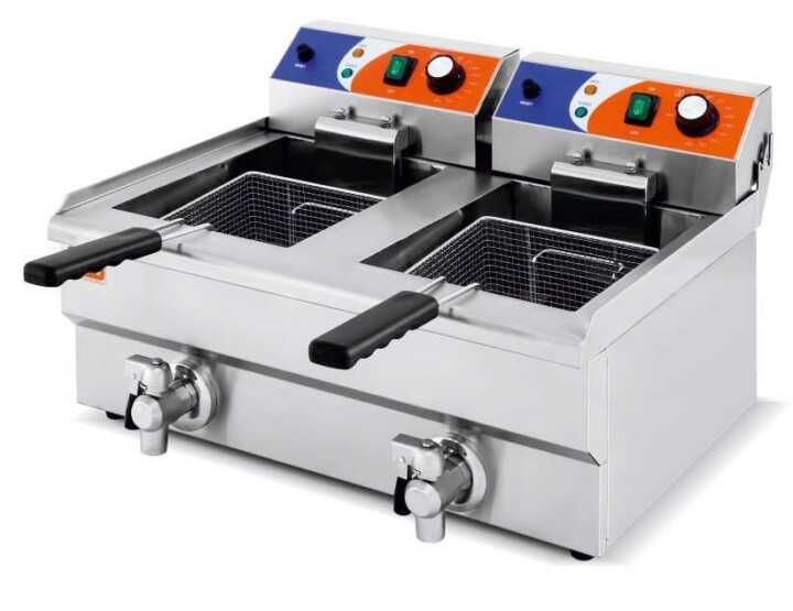 Fritadeira eléctrica 10+10 litros COM torneira 570x470x345h mm - Hotelequip.pt Fritadeira eléctrica 10+10 litros COM torneira 570x470x345h mm