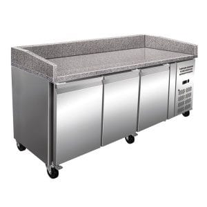 Mesa de preparação de pizzas de 3 portas com tampo de trabalho em granito