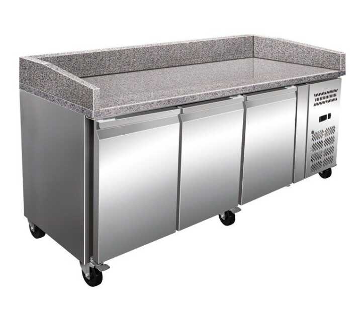 Mesa de preparação de pizzas de 3 portas com tampo de trabalho em granito - Hotelequip.pt Mesa de preparação de pizzas de 3 portas com tampo de trabalho em granito