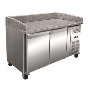 Mesa de preparação de pizzas de 2 portas com tampo de trabalho em granito