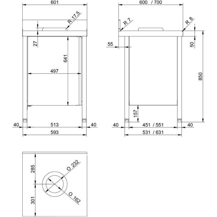 10362 Com espaço livre para colocação de baldes de lixo com diâmetro máximo de 460 mm.