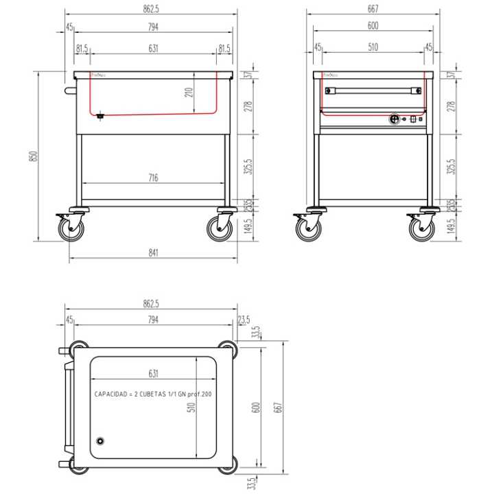 150mm- CBM-211 – Hotelequip.pt 3 ou 4 recipientes Gastronorm 1/1 e modelos com 2 ou 3 tanques independentes de tamanho GN 1/1.