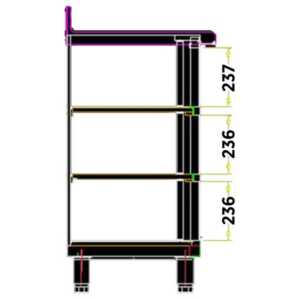 Tampo de trabalho com 50 mm de espessura e suporte traseiro de 40 mm de altura.