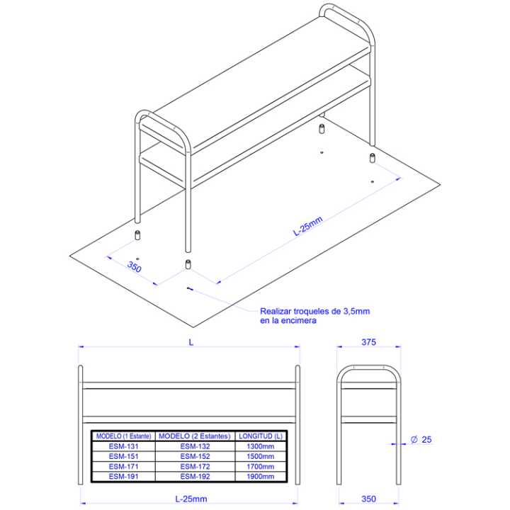 2 níveis Fabricado em aço inoxidável AISI-304 18/10.