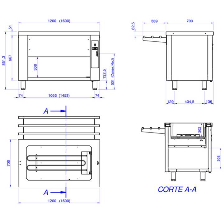 Banho Maria Elétrico 4xGN 1/1 150 mm SSBMS-16 O armário é acessível por todos os lados e os lados compridos podem ser equipados com um escorrega para tabuleiro.