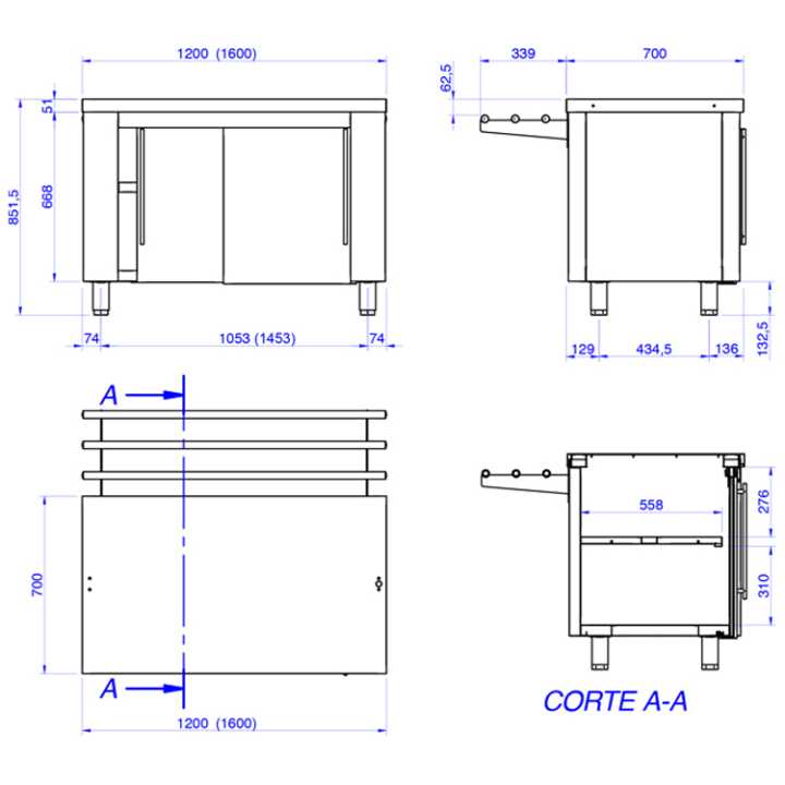 1600 x 700 x 850 – SSMN-16-P – Hotelequip.pt A parte posterior é aberta e está equipada com prateleira intermédia reforçada.
