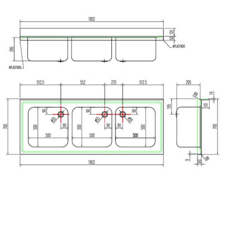 15749 borda traseira de 100 mm de altura e borda frontal de 50 mm de altura