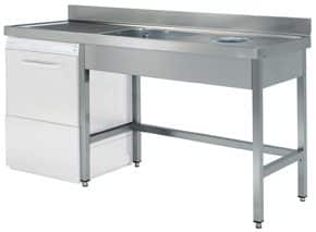 <p>Mesa com bancada com cuba embutida e orifício com aro de borracha para descarte de resíduos num balde de lixo sob a bancada (Balde não incluído