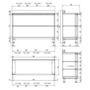 Tampo de trabalho com 50 mm de espessura e suporte traseiro de 40 mm de altura.