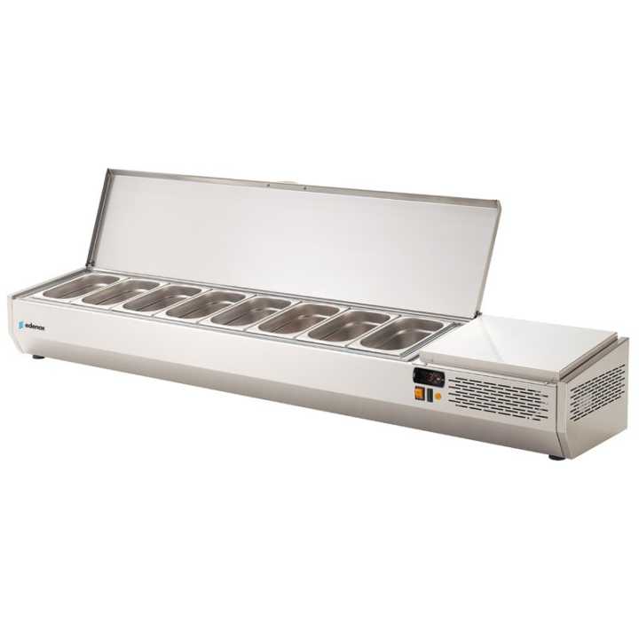 Vitrina expositora refrigerada 8 x GN 1/4 Expositores refrigerados de ingredientes para saladas e pizzas.