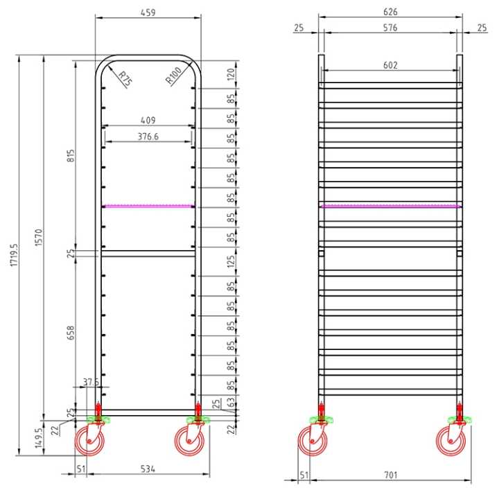 17 niveis com uma distância de 75 mm entre elas.